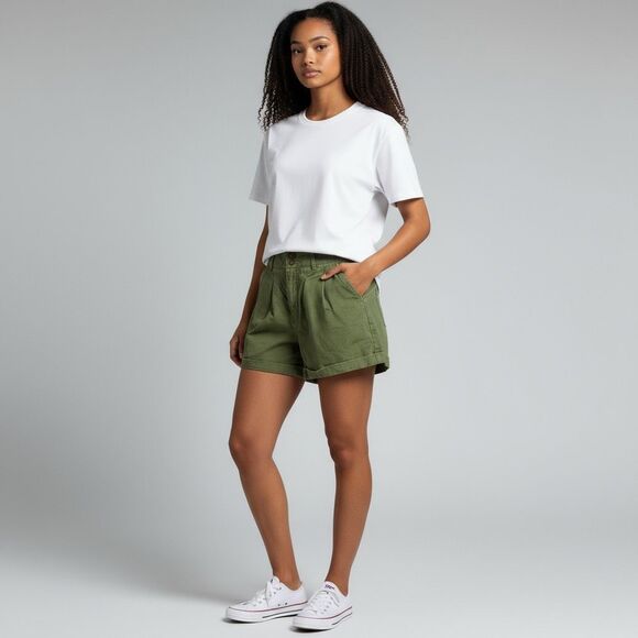Forever 21 Solid Green High waisted Shorts 100% Cotton with Pockets Pleated L - Picture 12 of 12